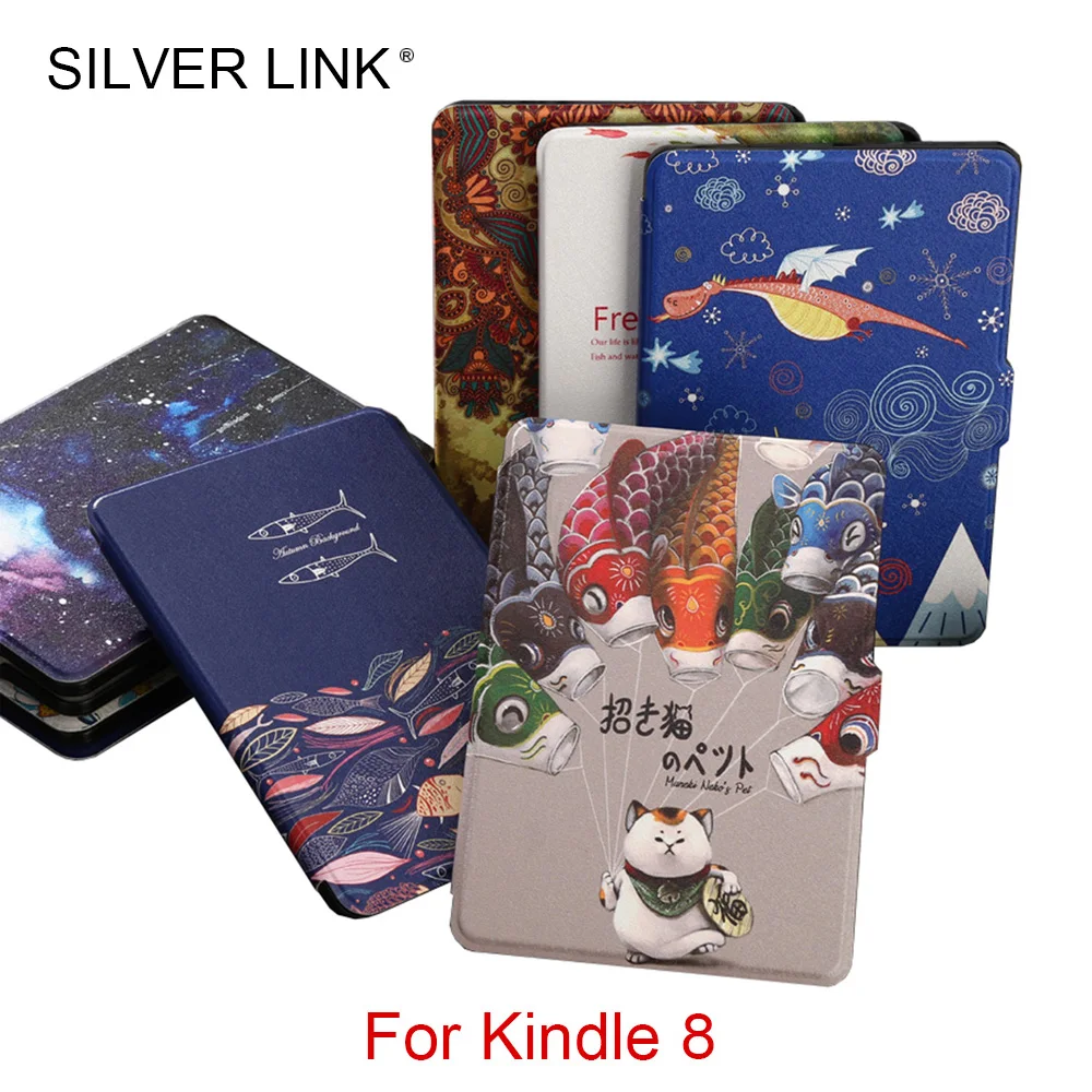 Серебряная Ссылка 1X Печатный Kindle 8 чехол для E reader Тонкий электронной книги Авто