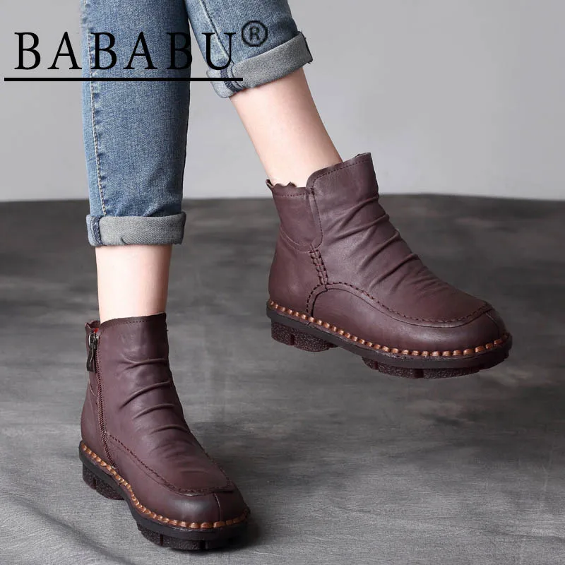 

Autumn/Winter Women Shoes Genuine Leather Handmade Original Flat Boots Soft Soles Side Zipper Women's Boots Female