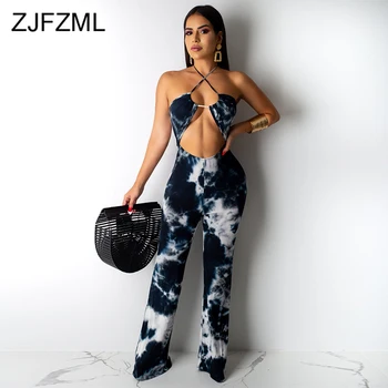 

Tie Dye Printed Sexy Bandage Jumpsuit For Women Off The Shoulder Backless Skinny Romper Summer Halter Waist Band Cut Out Overall