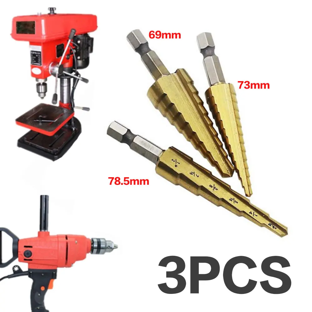 

Vehemo 3pcs Step Drill Bit Titanium Industrial Reamer Hexagon Head Kit Set with Inch Measurement