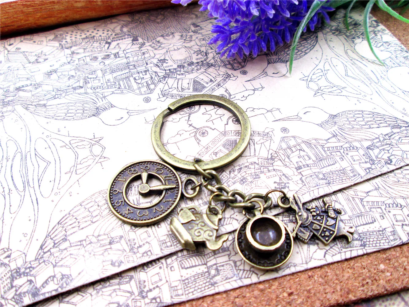 

3pcs/lot High quality 30mm Keyring Antique bronze keyring with Alice In Wonderland Rabbit teapot teacup clock charm pendants
