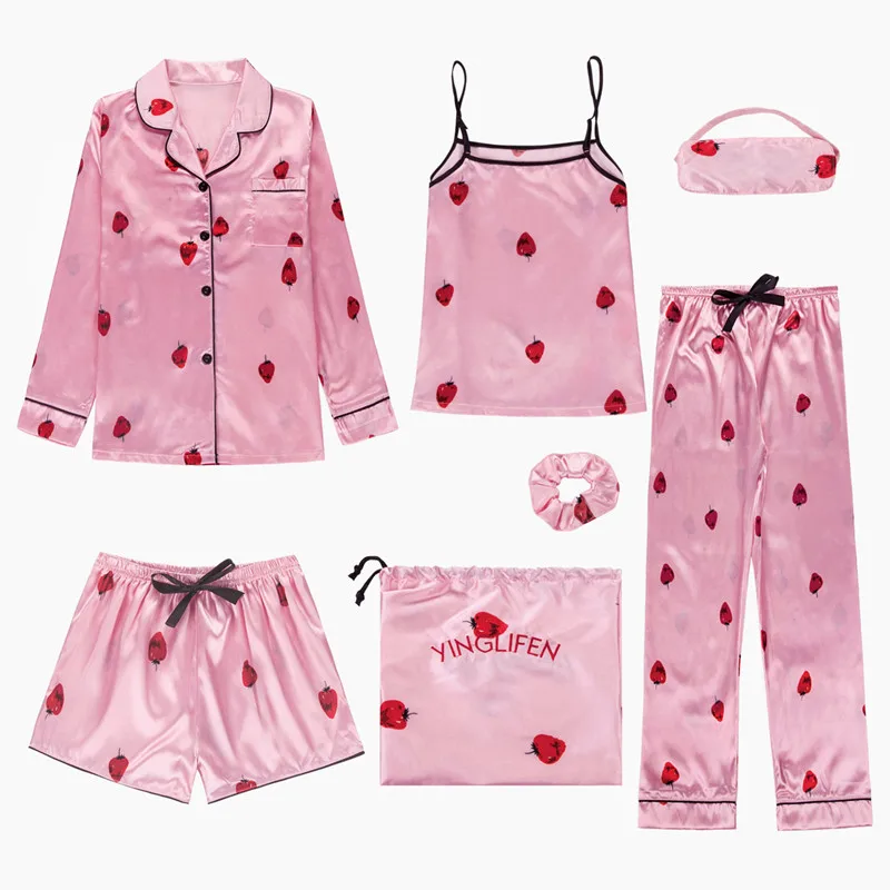 Женские пижамы Весна Лето 7 шт набор шелковые элегантные розовые шорты с милым принтом Длинные рукава с эластичной талией Брюки полная
