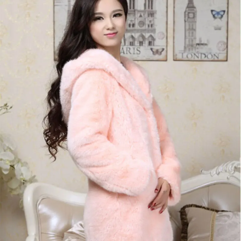 Новое зимнее женское меховое пальто, стильное, атмосферное, тонкое, теплое, кроличий мех, с капюшоном, Меховая куртка, розовое, роскошное меховое пальто