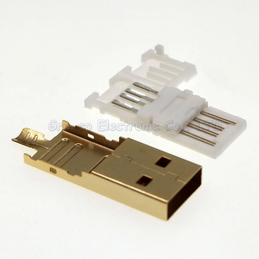 10 компл. золотое покрытие 2 в 1 Мини USB-A штекер с металлическим корпусом корпус прокалывается Solderless пресс тип провода