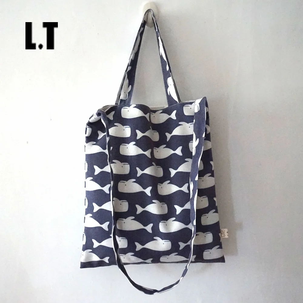 

2017 Women Summer Handbag Fabric Handmade Felt Blue Beach Shopping Shopper Whale Patterns Print Gift Over Shoulder Totes
