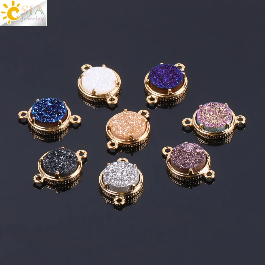 

CSJA 1PC Gold-Color Double Loops Natural Round Stone Crystal Drusy Beads for Bracelets Pendants Earrings Needlework Jewelry F118