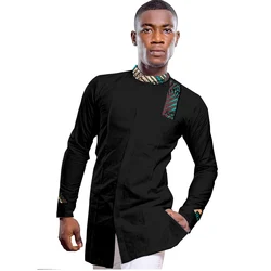 Camisa de los Hombres Africanos con Cuello de Pie, Ropa Dashiki, Negro con Estampado de Retazos, Mangas Largas, Tops de Ankara Camisa de los Hombres Africanos con Cuello de Pie, Ropa Dashiki, Negro con Estampado de Retazos, Mangas Largas, Tops de Ankara