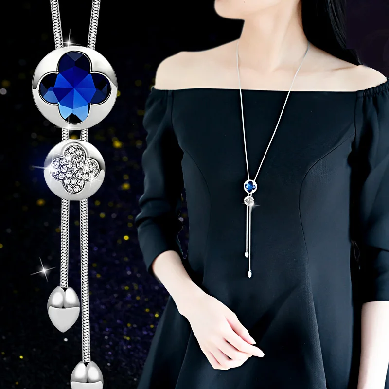

2018 New Arrival Women Pendant Hollow The Big Crystal Long Tassel Paragraph Sweater Chain All-match Decorative Necklace