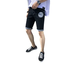 Denim shorts men's summer casual micro-elastic denim shorts black breeches men's printed feet flip five points denim shorts easy matching micro elastic narrow feet denim jeans for men
