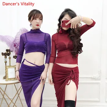 

Women Belly Dance Suit 2018 Autumn Winter Long Sleeves tops+Irregular Skirt 2Pcs Set For Lady's Belly Dancing Practice Costumes