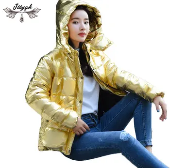 

Shinny Gold Winter Women Jackets Short Coat 2020 Warm Down parkas thicken oversized Hooded Cotton jacket Bomber Streetwear L645