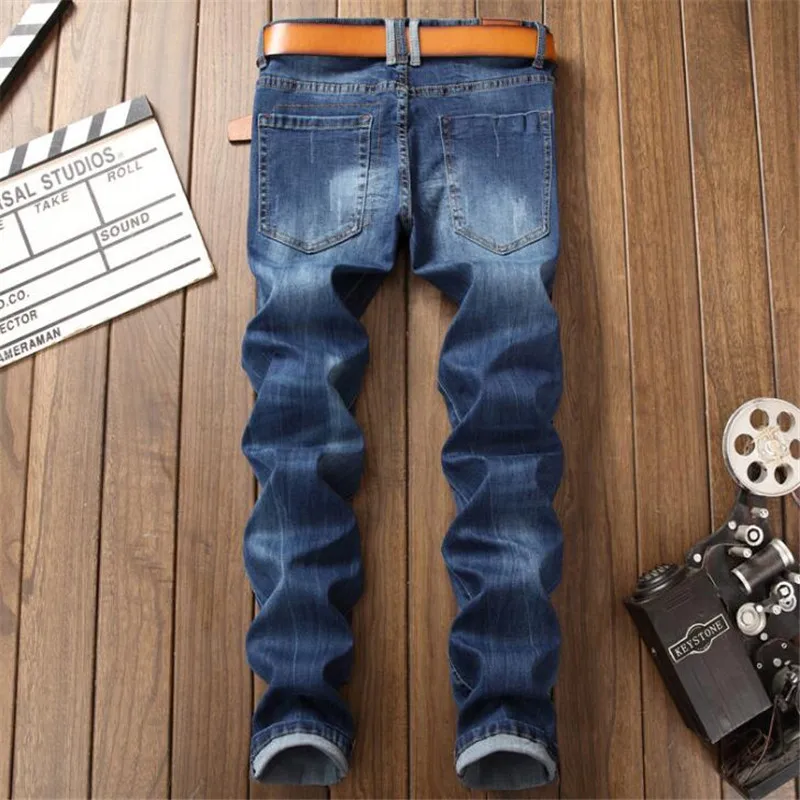 

Retro Design Men Jeans Vintage Wash Frayed Ripped Jeans Men High Quality Straight Biker Jeans,Denim Pants Designer Blue Jeans