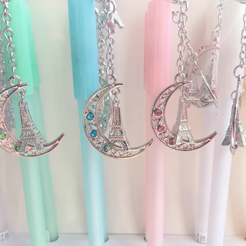 

Z24 Romantic Moon & Tower Metal Pendant Gel Pen Rollerball Signing Pen School Office Supply Stationery 0.5mm Black Ink