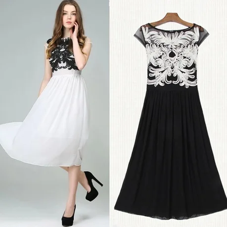 fashion women chiffon long sexy print beach dress Brand new 2016 summmer lace dresses bodycon Black White S M L XLB0006 long-white-lace-dress