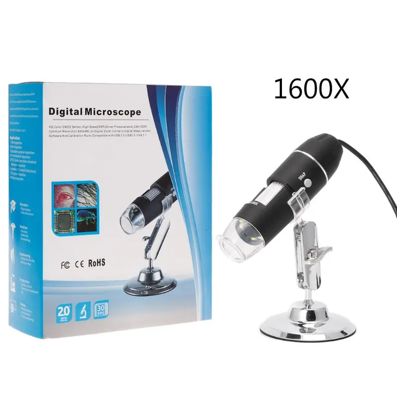  Microscopio USB 1600X, cámara de vídeo portátil 2MP