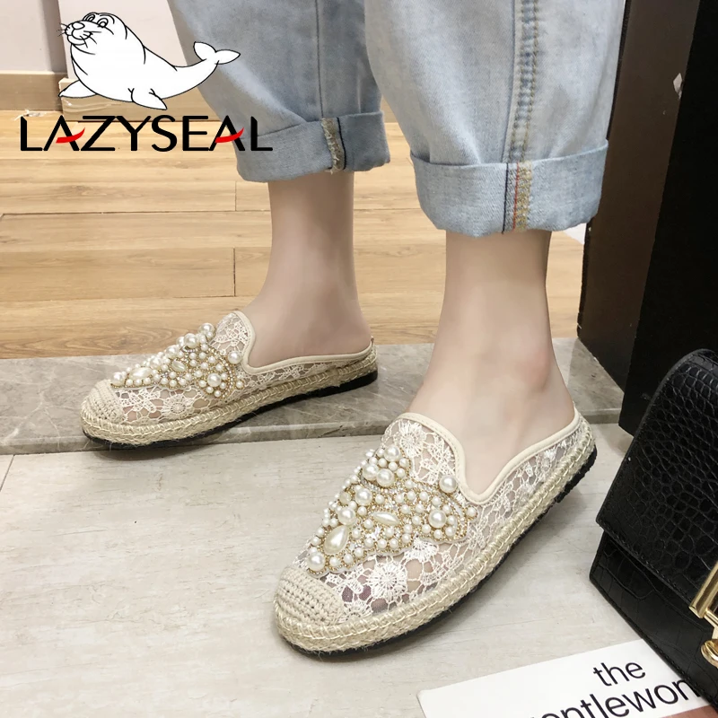 LazySeal/летние женские лоферы с круглым носком; Espadrilles; обувь из сетчатого материала с перламутровым верхом и кружевом; удобная женская обувь из пеньки; слипоны; zapato mujer