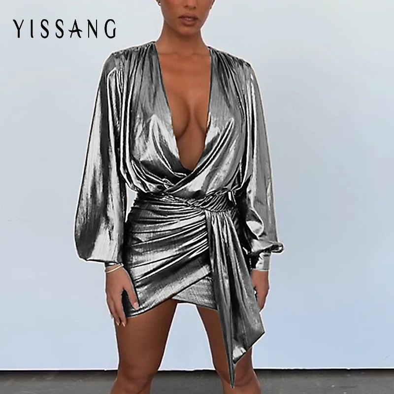 

Yissang Bodycon V Neck Lady Sexy Dress Woman Bandage Club Party Dresses Long Sleeve Solid Dress Silver Short Female Vestidos