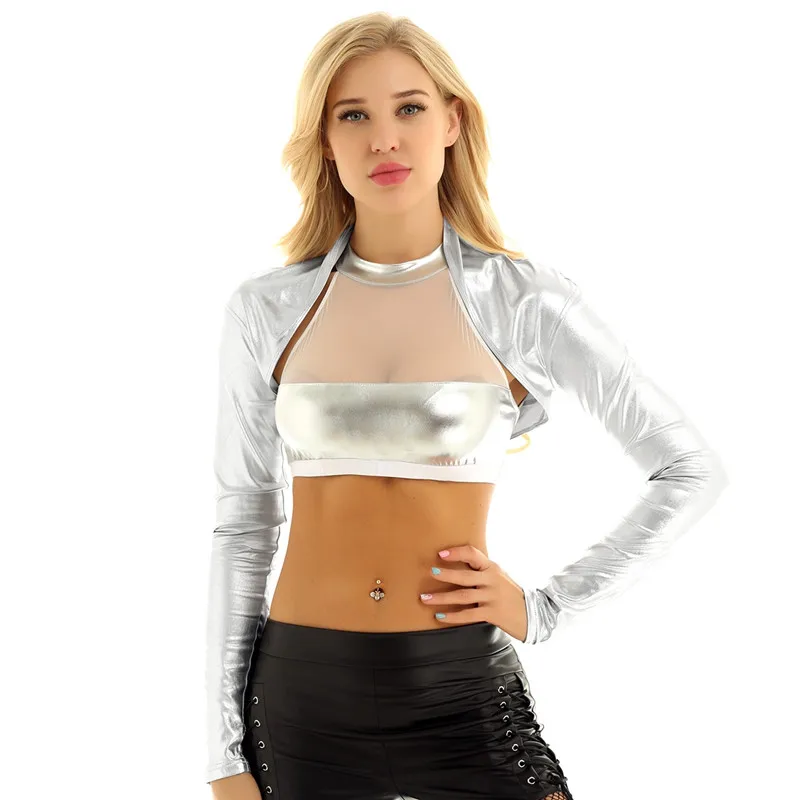 Women Shiny Metallic Long Sleeves Open Front Shrug Bolero Short Crop Cardigan Top Wrap for Stage Performance Aerial or Rave