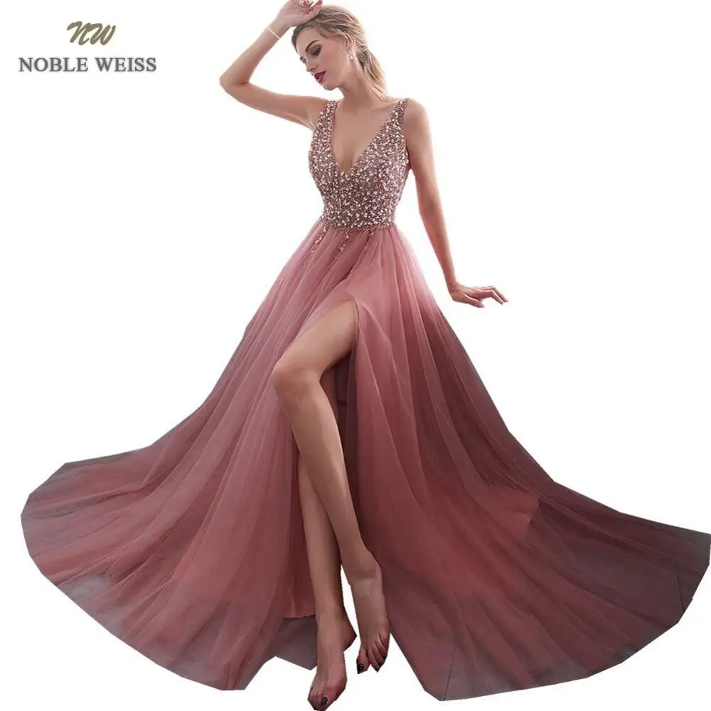 Günstig EDLE WEISS V ausschnitt Abendkleid 2019 Sexy Kristall Perlen Split Tüll Prom Kleid Bodenlangen Abendkleid vestido longo festa