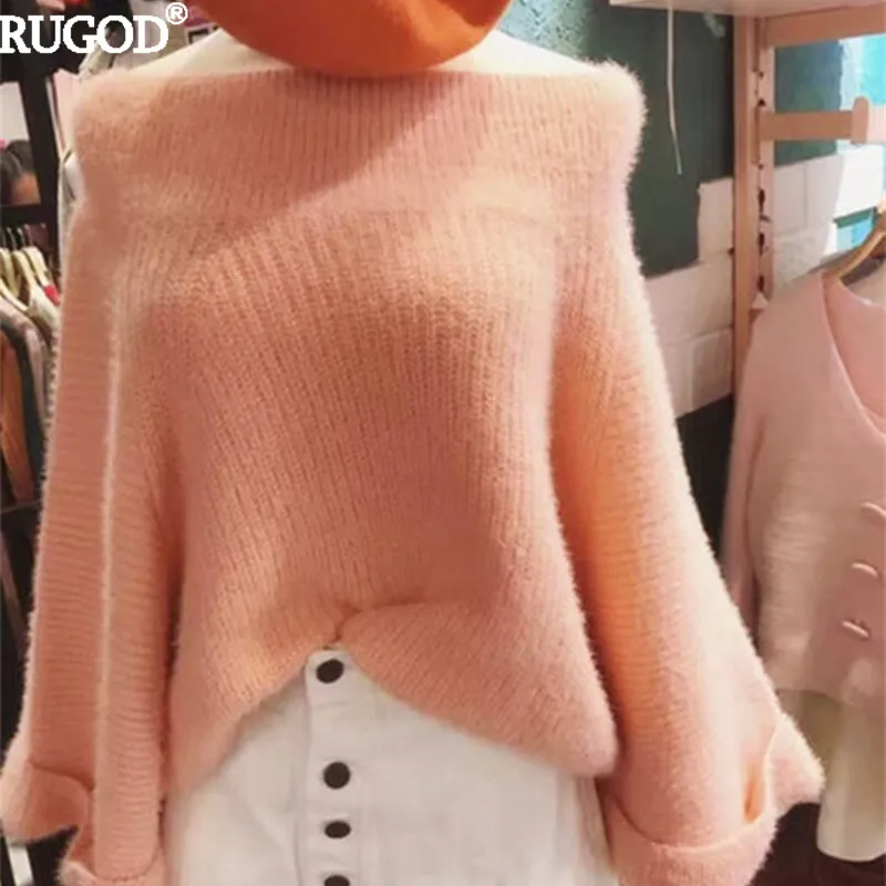 

RUGOD 2018 New Arrivals Sexy Loose Slash Neck Simple Women Flare Sleeve Pullover Off-the-shoulder Mink Cashmere Female Sweater