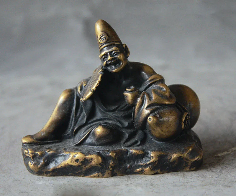 

Folk Old China Buddhism Bronze Myth Crazy Mad Monk Jigong Drunk Fan Gourd Statue