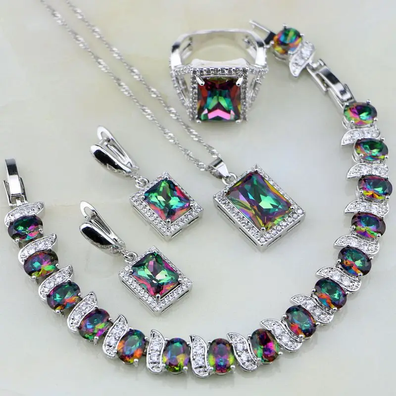 Conjuntos de Jóias de Casamento Casamento das Mulheres de Prata Colar e brincos e pulseira e colar de Pingente e anel Praça Rainbow Fogo Místico Cristal das Mulheres de Prata Esterlina 925
