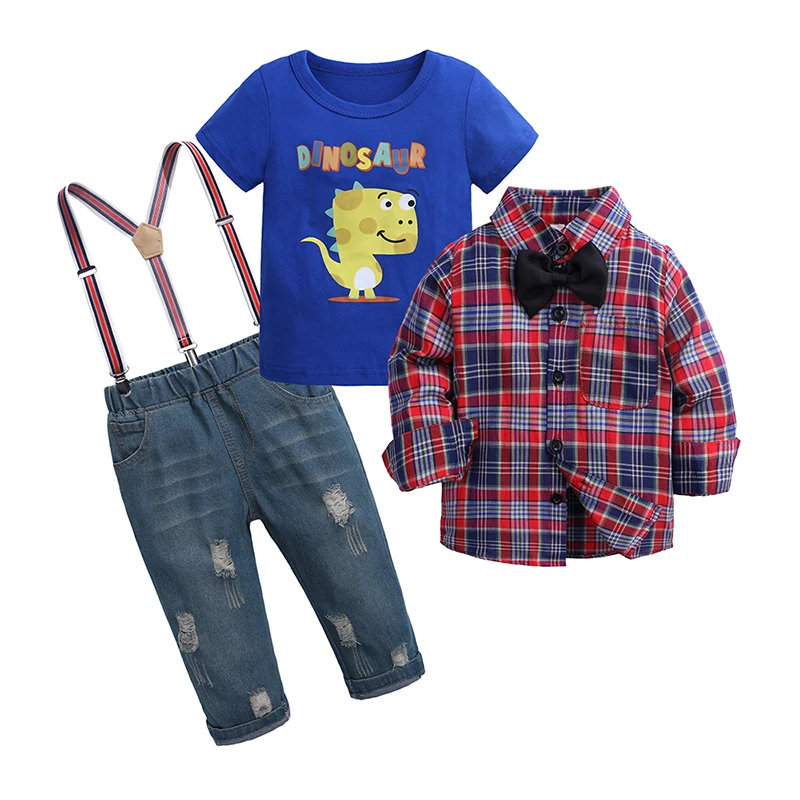children Boys clothing set kid boy clothes 3PCS Gentleman suit Plaid shirt with tie+cartoon T-shirt+Jeans overalls autumn outfit