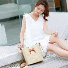 Для женщин леди Девушки Пляжные Сумки соломенная сумка ручной работы круглый Ротанговые сумочки Трикотажные Чехол для мусора хозяйственные сумки