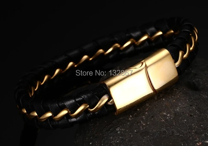 

2016 Newest Hot Elegant Gold Rope Chain 316L Stainless Steel With Magnetic Button Genuine Leather Bracelet Bangle Men Wristband