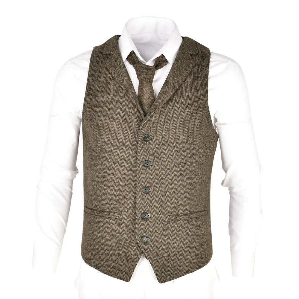 VOBOOM Woolen Tweed Suit Vest for Men Herringbone Slim Fit Premium Wool Blend Single breasted ...