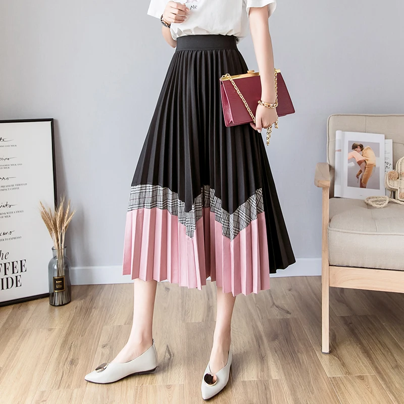 Новые весенне-летние женские с высокой талией клетчатые Лоскутные Длинные плиссированные юбки Женский в Корейском стиле Vinatge Slim Fit Длинные юбки Faldas