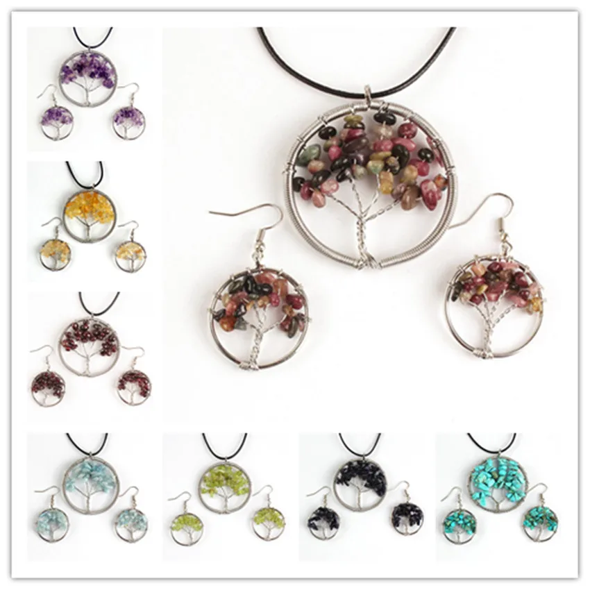 

Trendy-beads Silver Plated Many Color Quartz Stone Tree of Life Pendant Drop Earrings Ethnic Jewelry Sets