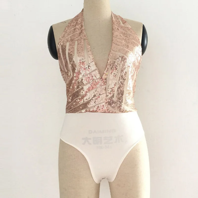One Piece Backless Sequin Bodysuit Women Patchwork Sleeveless Summer Club Party Bodysuits 2018 Deep V-neck Slim Bodysuit Sexy (3)