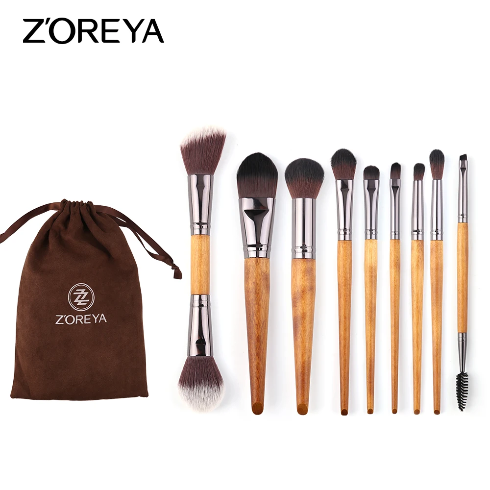 

ZOREYA Brushes For Makeup 9pcs Walnut Handle Makeup Brushes With 2pcs Double Head Brush