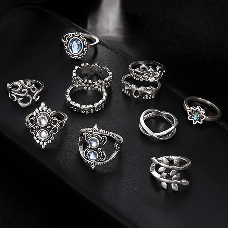 11 pcs/set Bohemian retro elephant flower leaves cross exaggerated gem silver ring set women Wedding Party Jewelry Accessories