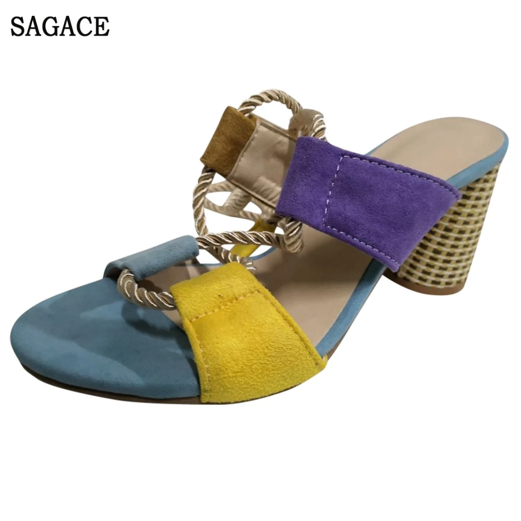 

Women Big Size High Heel Sandals Shoes Hemp Cross Tie Square Heels Slipper Slip Shoes Ladies Mixed Color Sandals Shoes