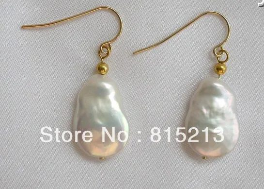 

wb00336 CLASSIC big 18mm baroque white freshwater pearls dangle earrings 14K gold