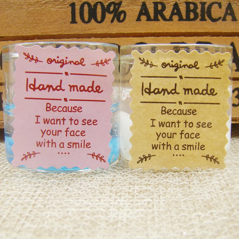 

28*23mm 100pcs PINK/kraft Label HandMade self-adhesive label For DIY Handmade Products/Gift/Cake /Candy paper tags labels