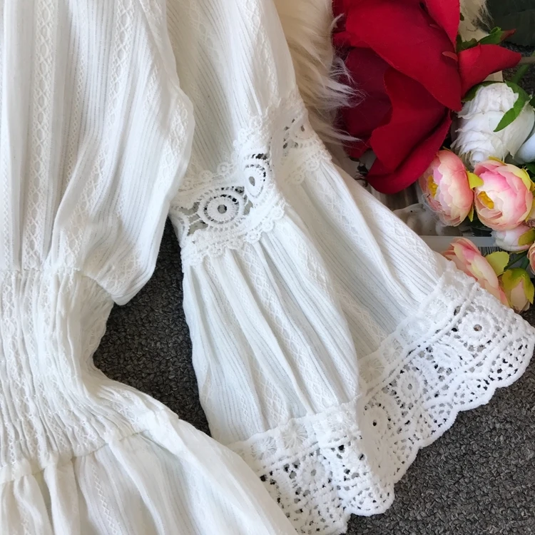 Летнее новое женское белое платье из льна и хлопка, богемное платье с v-образным вырезом, кружевные платья с расклешенными рукавами