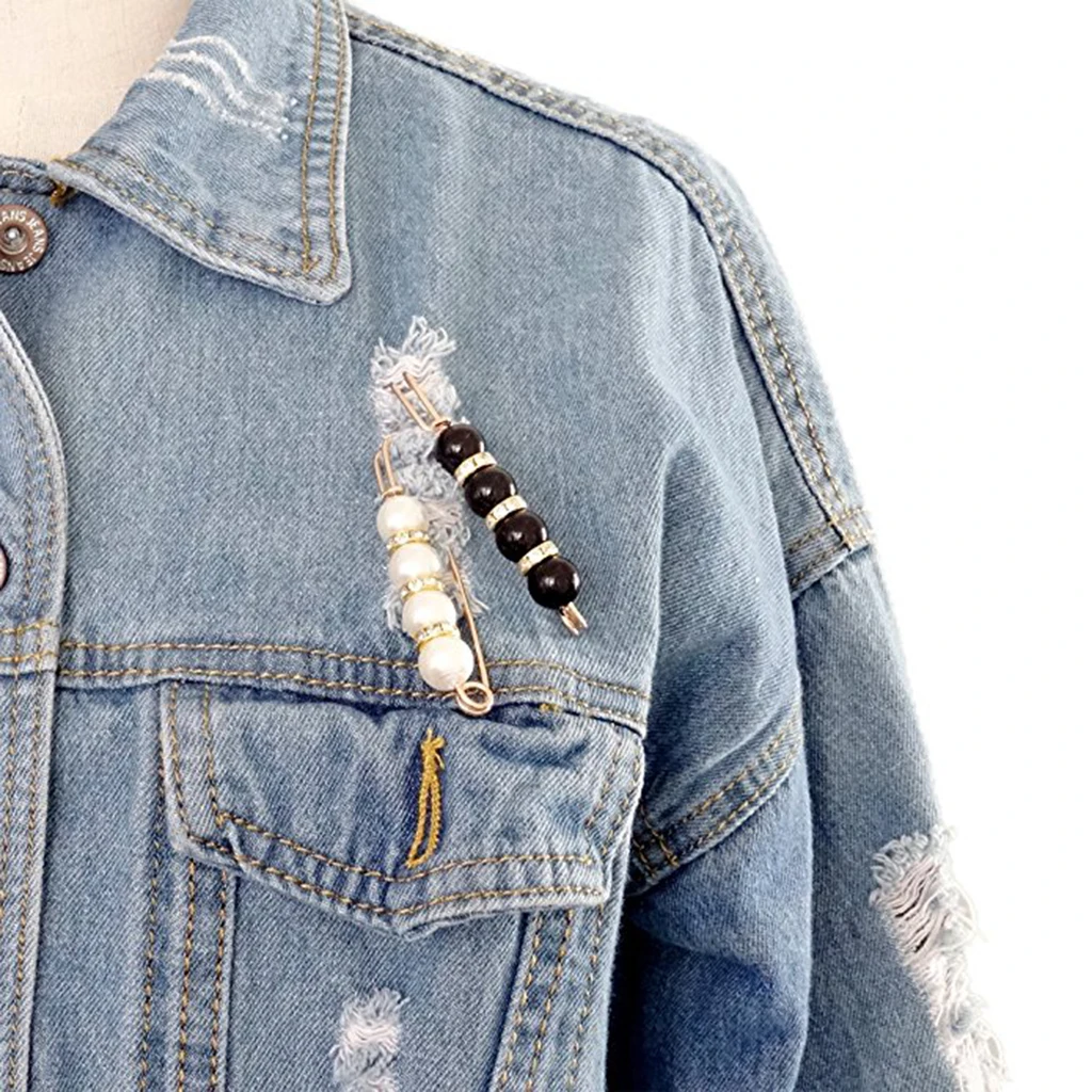 2 Pieces Crystal Safety Pin Brooch Pearl Large Hijab Scarf Brooch Badge Fasten Clip with Rhinestone Spacer Decorative