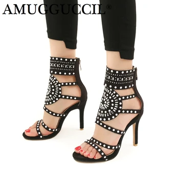 

Plus Big Size 32-46 Black Brown Purple Zip Crystal Fashion Sexy High Heel Girls Female Lady Women Summer Sandals L1005