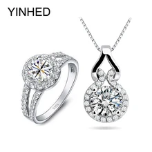 YINHED Настоящее серебро 925 проба наборы свадебных ювелирных изделий 2 карата кубический цирконий, обручальное кольцо из кубического циркония и кулон Цепочки и ожерелья комплект Для женщин ZS002