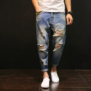 

Knee Hole Ripped Jeans Men Summer Hip Hop Streetwear Baggy Distressed Men's Jeans Big Sizes Denim Pants Male Trousers Clothes