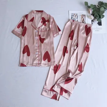 

Pink Satin Women 2PCS Shirt&Pant Sleepwear Pajamas Suit Summer Short Sleeve Nightwear Home Clothes With Pocket Print Sleep Set