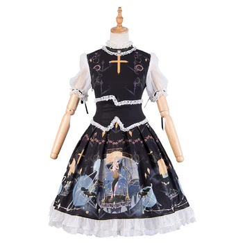 

Lolita Dress Short Sleeve Lace and Ruffles Patchwork Printed Black Lolita One Piece Dress with Cincher