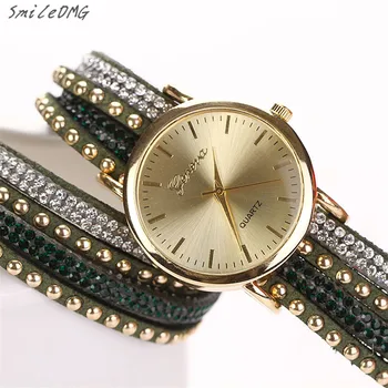 SmileOMG Hot Marketing Women Crystal Rivet Bracelet leather Band Quartz Braided Winding Wrap WristWatch Free Shipping,Sep 2