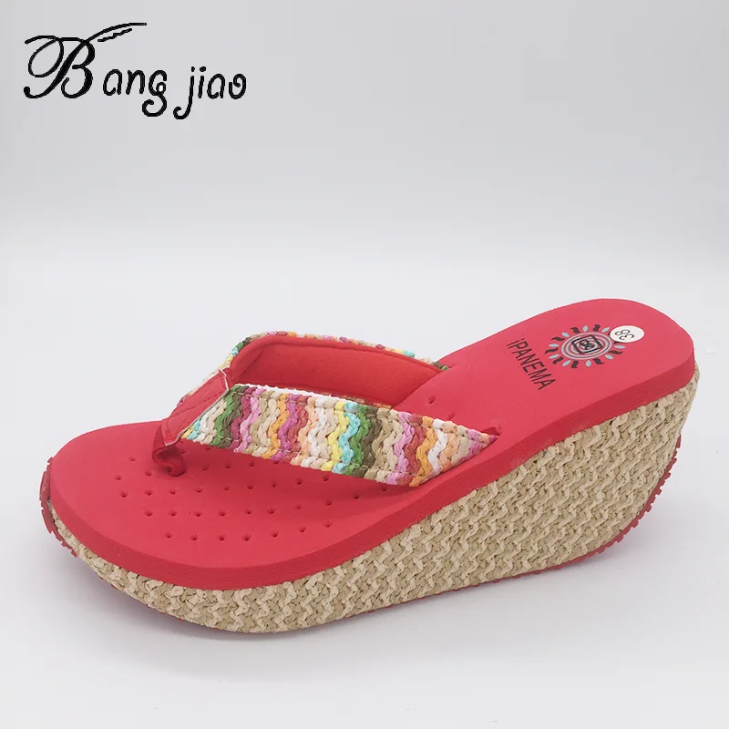 

New 2019 Summer Style Women Sandals High Heels 9 CM Flip Flops Beach Wedge Sandals Rainbow Strap Platform Wedge Flip Flops