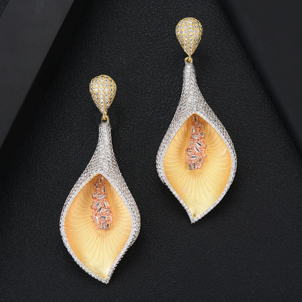 

Siscathy Trendy Lily Flower Earrings For Women Elegant Cubic Zirconia Big Drop Statement Earrings Indian Dubai Jewelry Gifts
