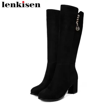 

2018 winter keep warm knee-high boots plus size round toe thick high heels zipper dating slender meatal pendant solid shoes L28