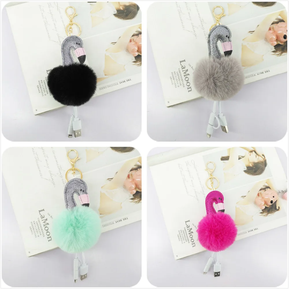 

Flamingos Keychain Pokemon Fur Balls USB Data Line Phone Accessories Fluffy Keyring for Bags Pendant Decorations Fashion Jewelry